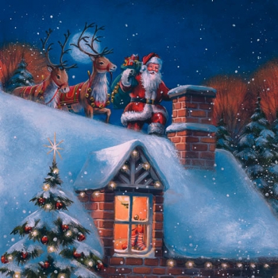 Салфетка для декупажа 303533 33 x 33 cm Santa on Rooftop with Reindeer ― VIP Office HobbyART
