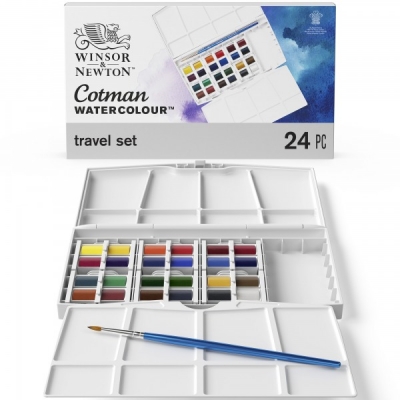 Akvarelli komplekt Winsor & Newton, TRAVEL set 24 värvi plastkarp ― VIP Office HobbyART
